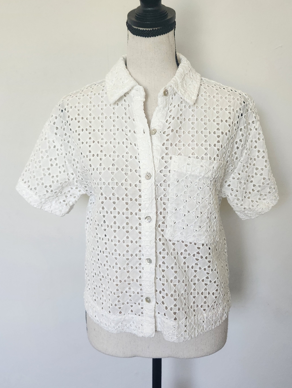 Marled White Eyelet Short Sleeve Cropped Button-Down Shirt Top Cotton Summer S